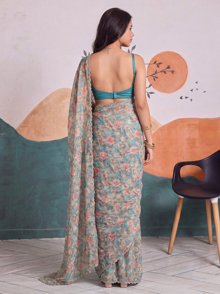 Sea-Green Organza Printed Saree