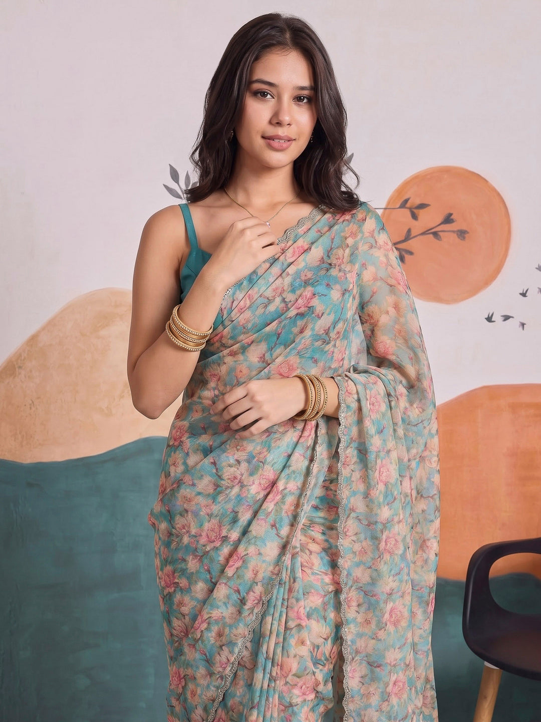 Sea-Green Organza Printed Saree
