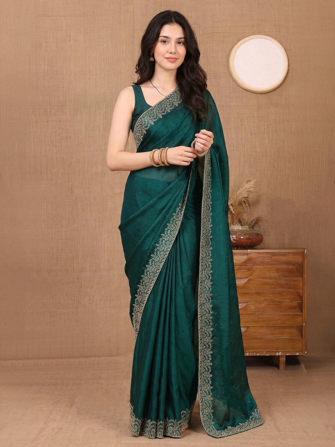 Bottle-Green Organza Embroidered Saree