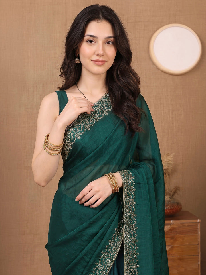 Bottle-Green Organza Embroidered Saree