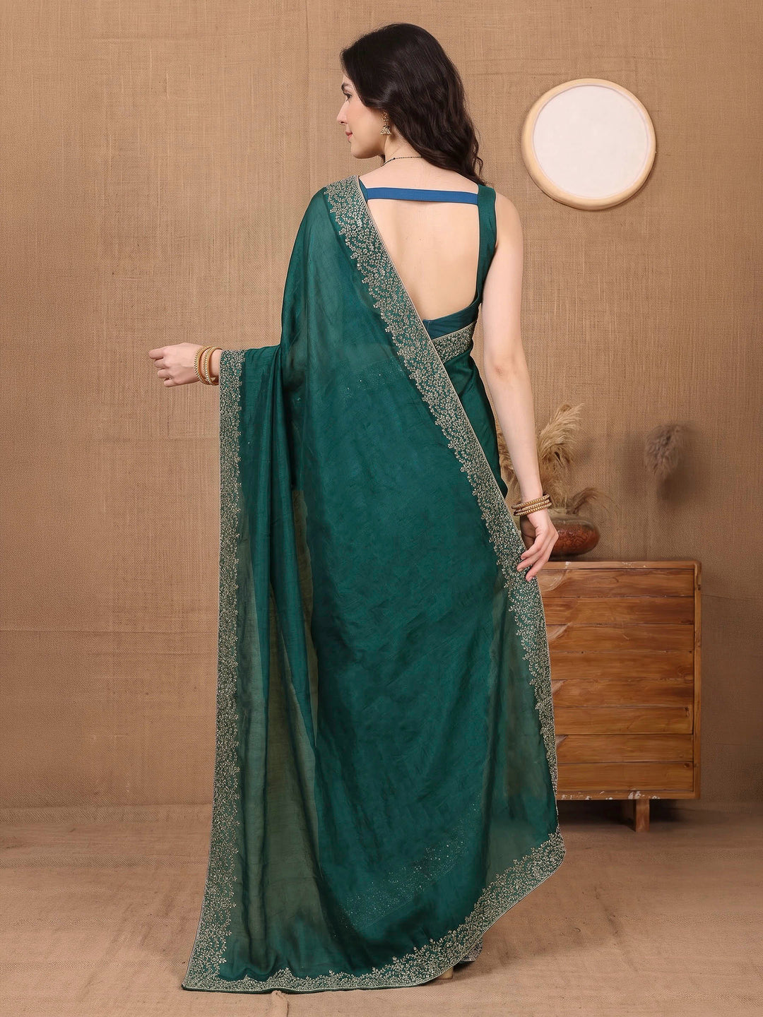 Bottle-Green Organza Embroidered Saree