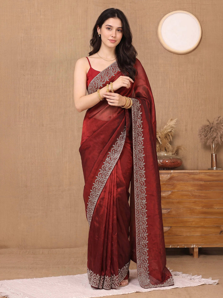 Maroon Organza Embroidered Saree