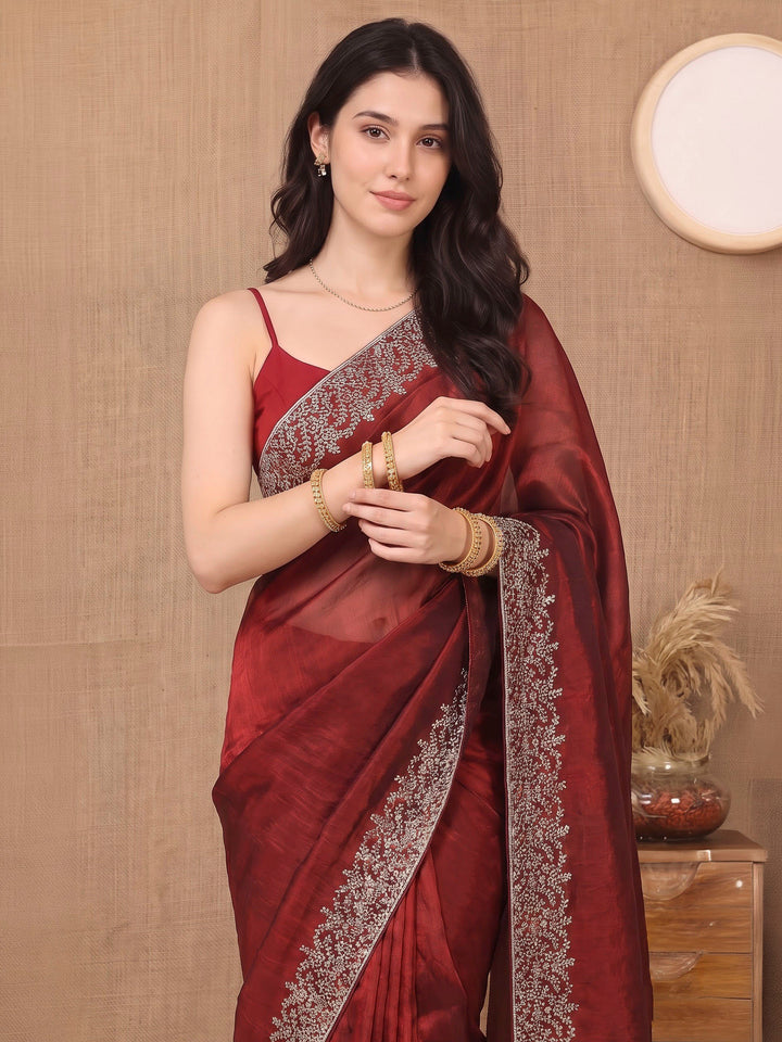 Maroon Organza Embroidered Saree