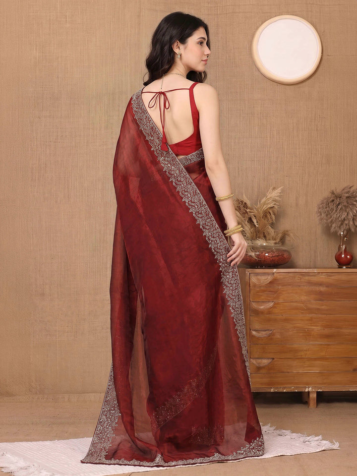 Maroon Organza Embroidered Saree