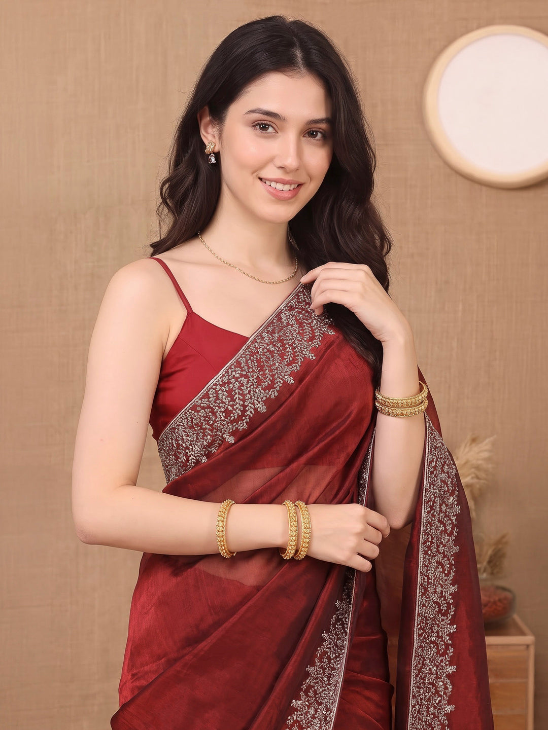 Maroon Organza Embroidered Saree