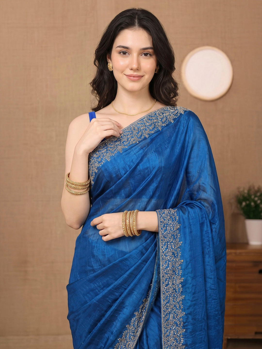 Peacock-Blue Organza Embroidered Saree