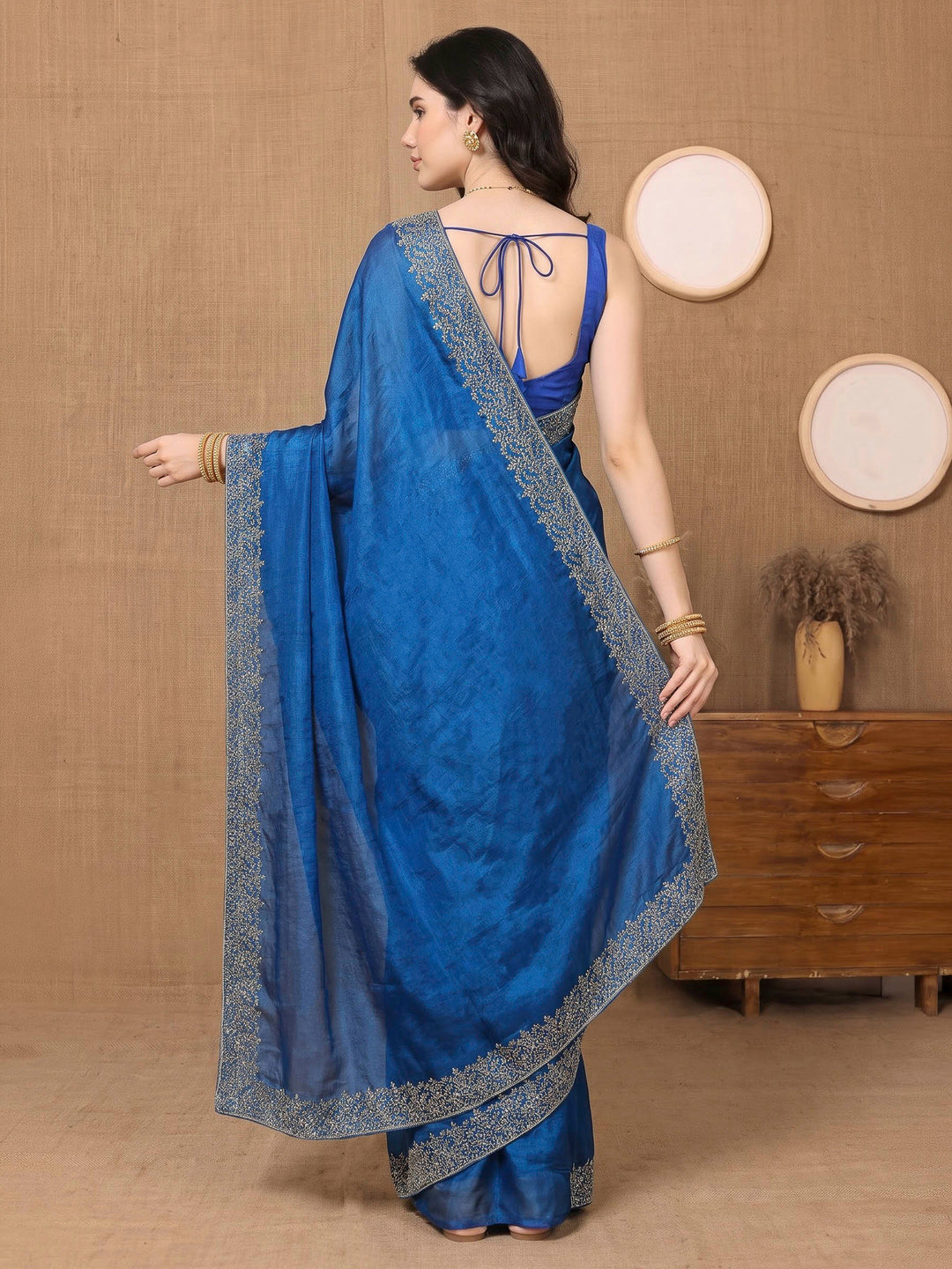 Peacock-Blue Organza Embroidered Saree