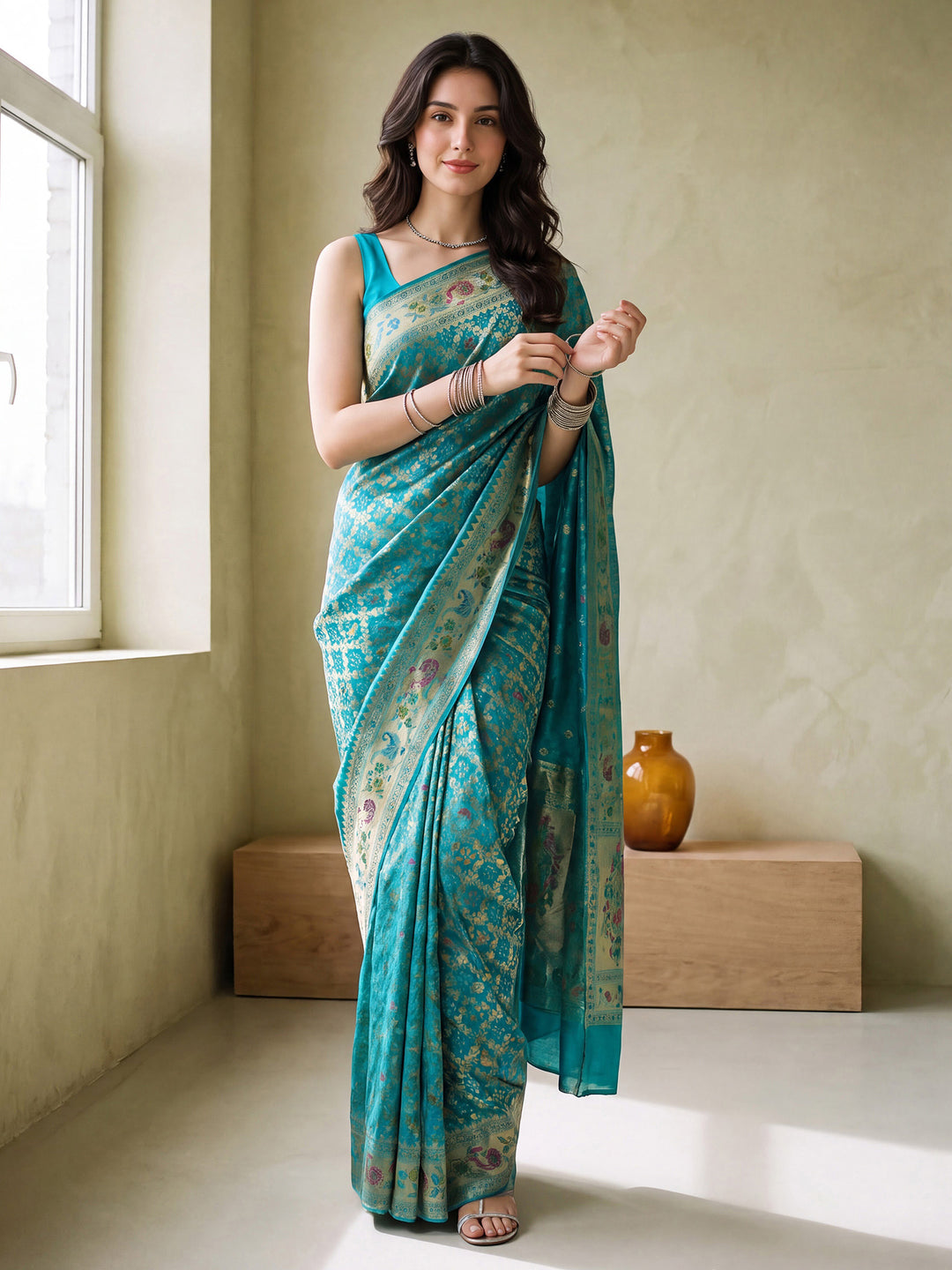 Sea Green Satin Woven Saree