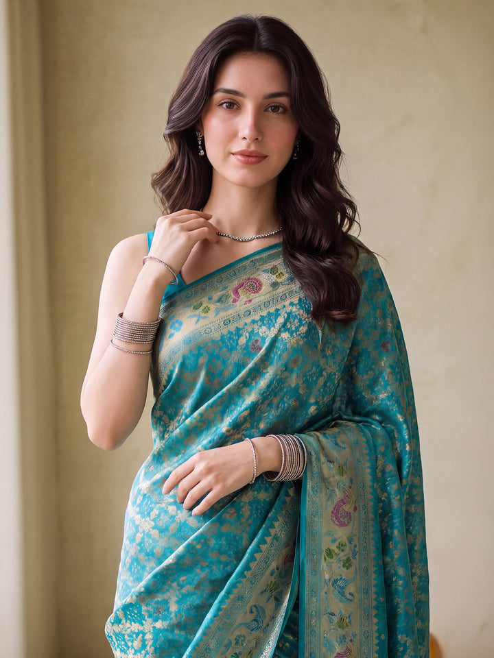Sea Green Satin Woven Saree