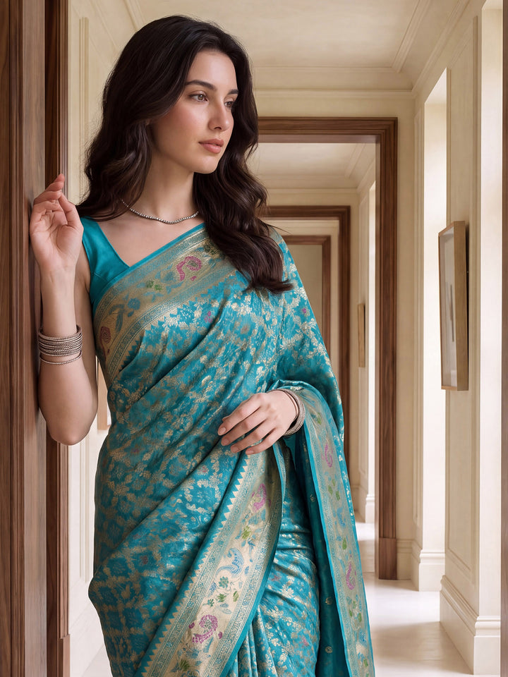 Sea Green Satin Woven Saree