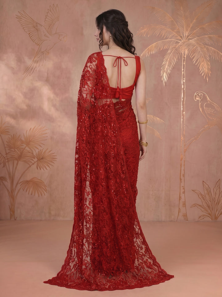 Maroon Lace Embroidered Saree