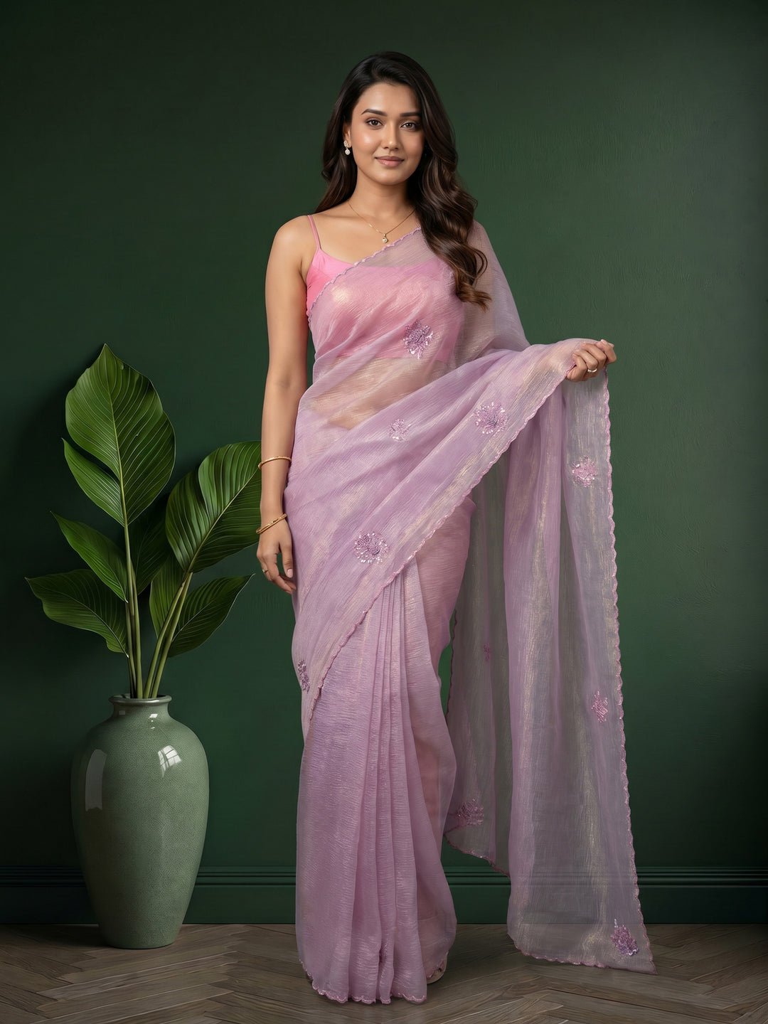 Lavender Embroidered Organza Saree