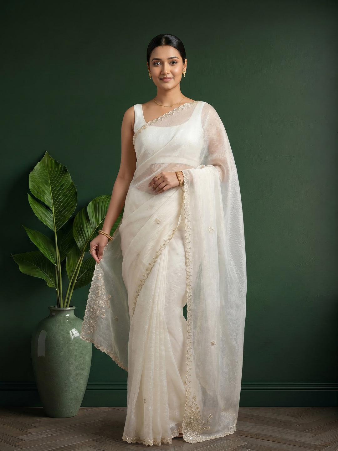 Cream Embroidered Organza Saree