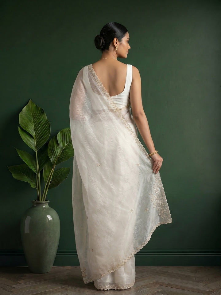 Cream Embroidered Organza Saree