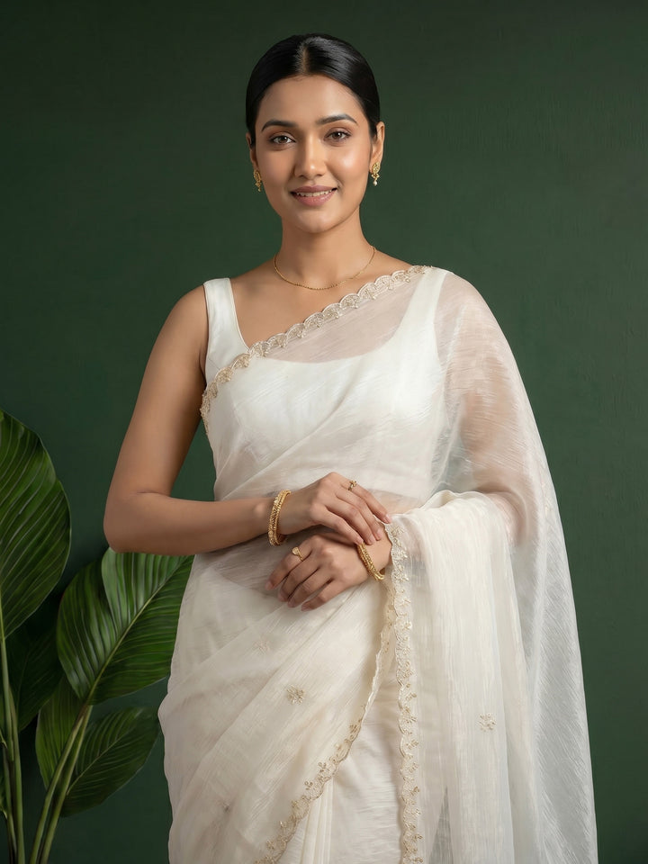 Cream Embroidered Organza Saree