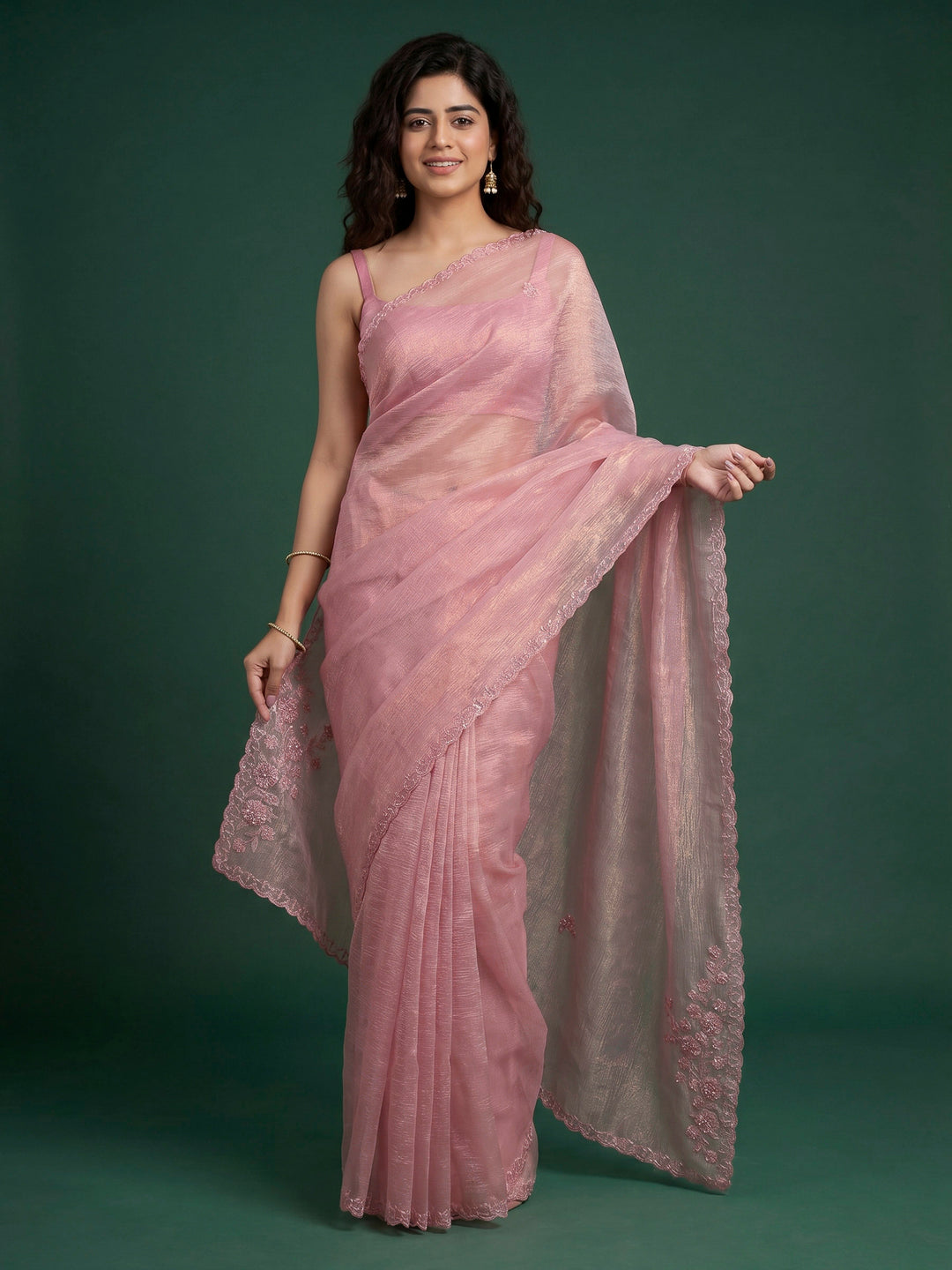 Pink Embroidered Organza Saree