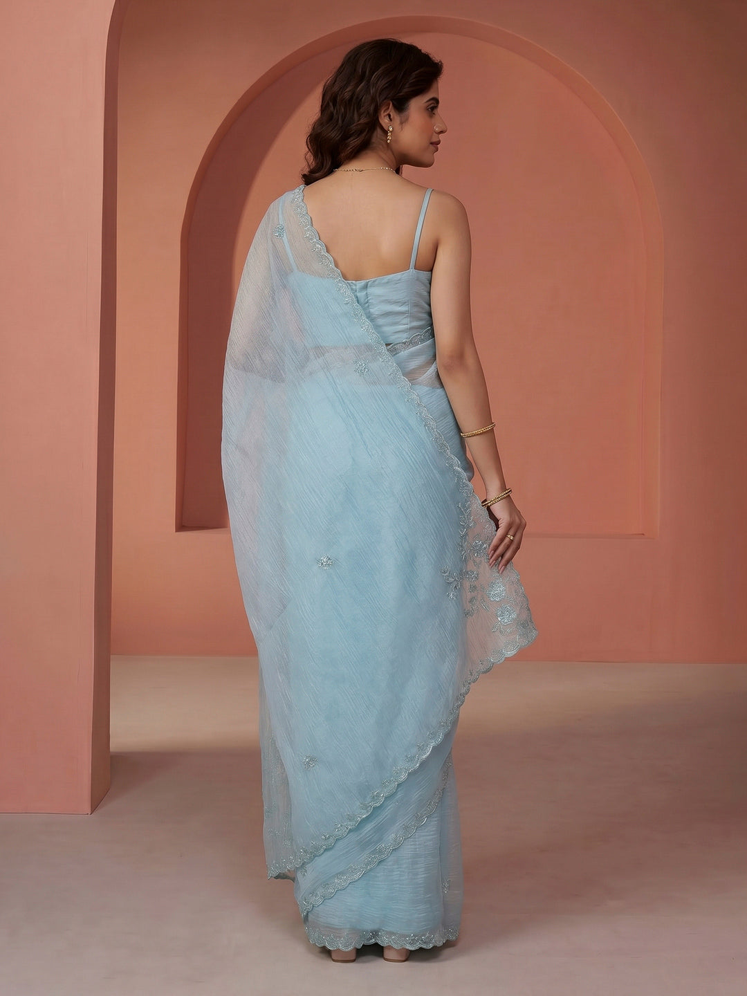 Sky Blue Embroidered Organza Saree