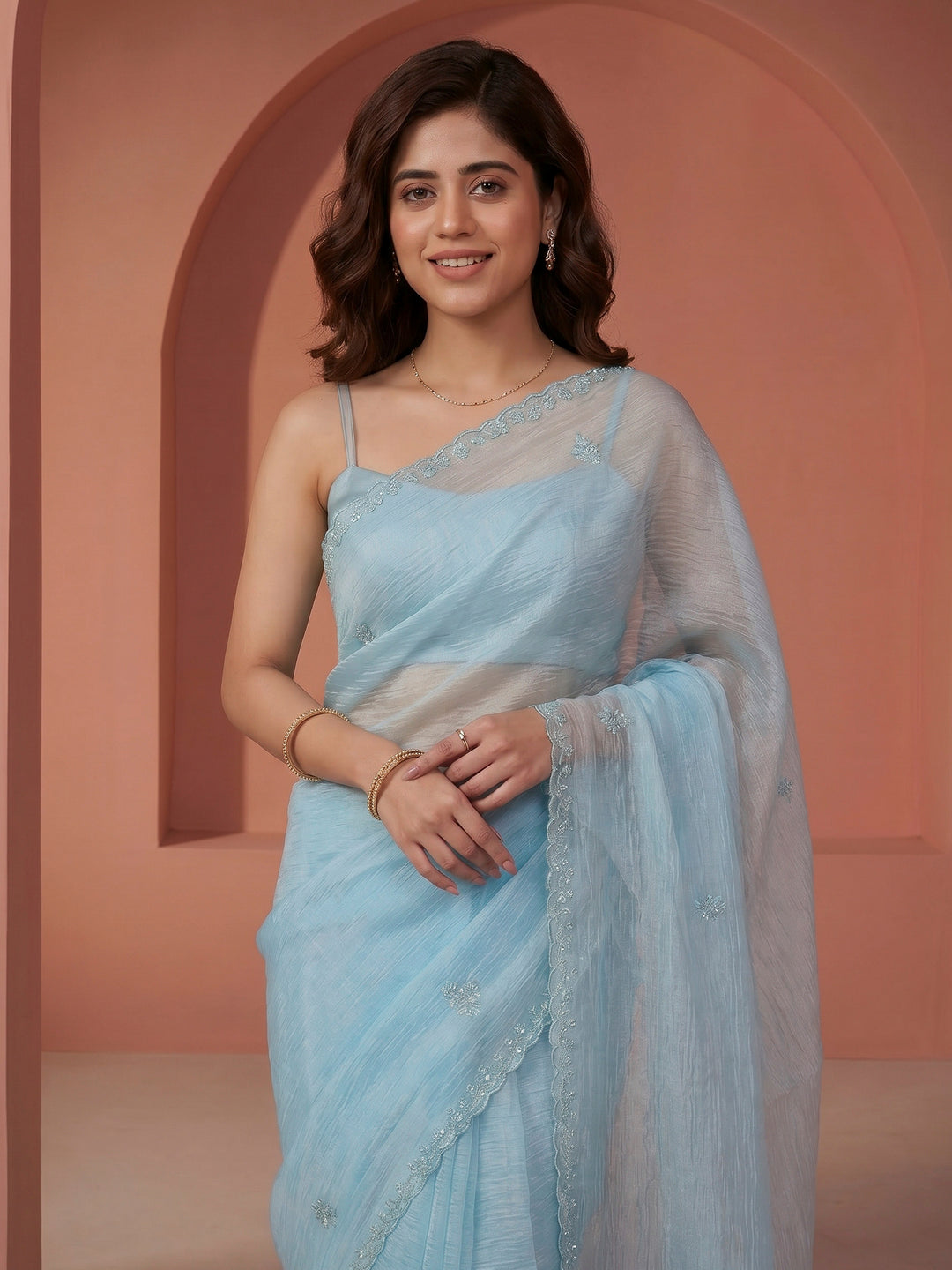 Sky Blue Embroidered Organza Saree