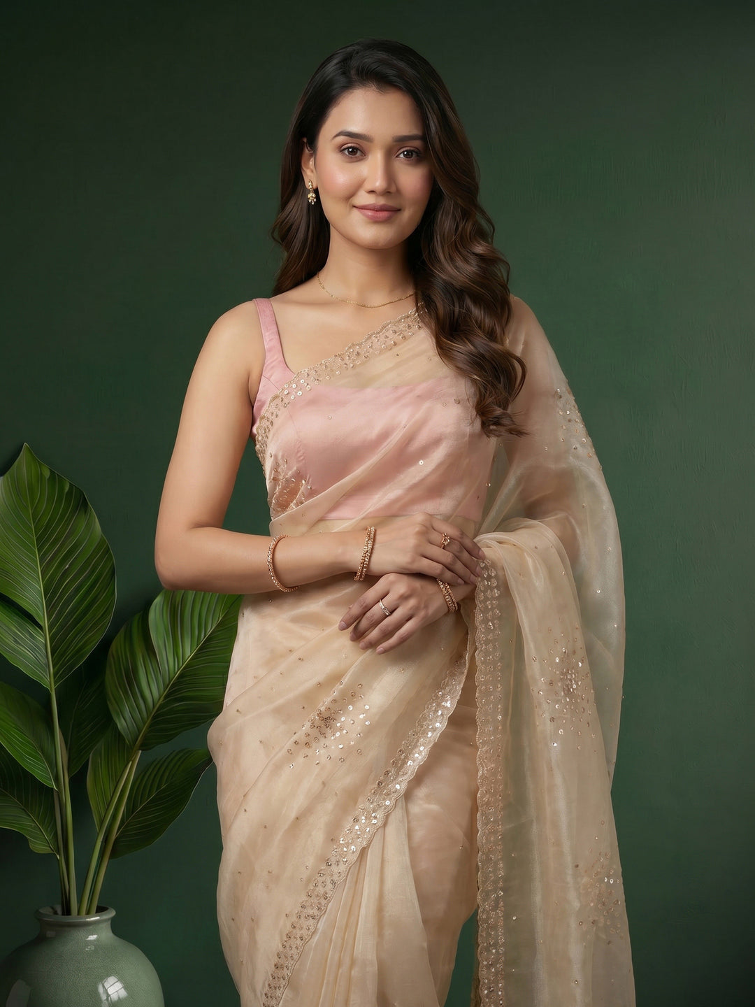 Cream Embroidered Organza Saree