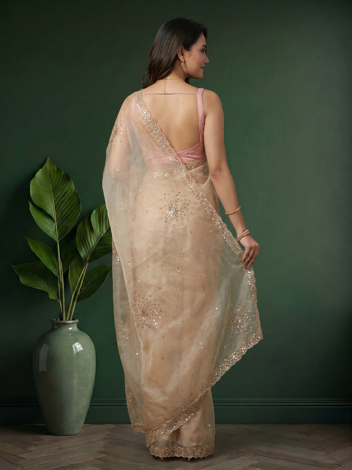 Cream Embroidered Organza Saree