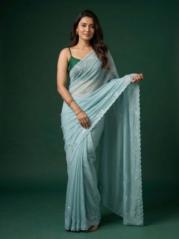 Sky Blue Embroidered Organza Saree