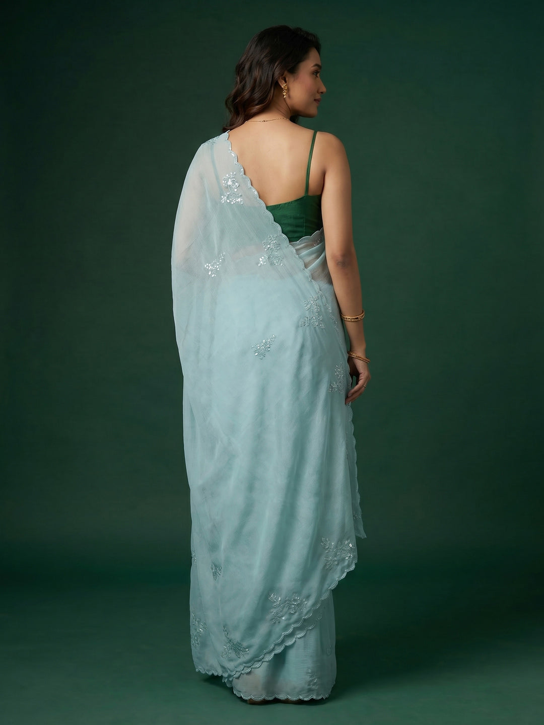 Sky Blue Embroidered Organza Saree