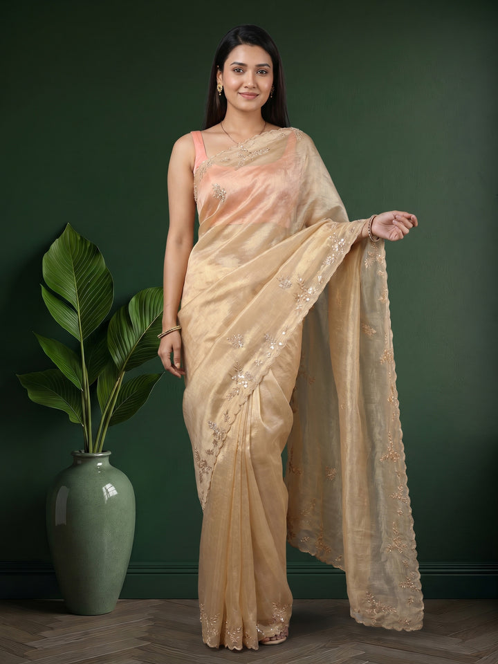 Golden Beige Embroidered Tissue Saree