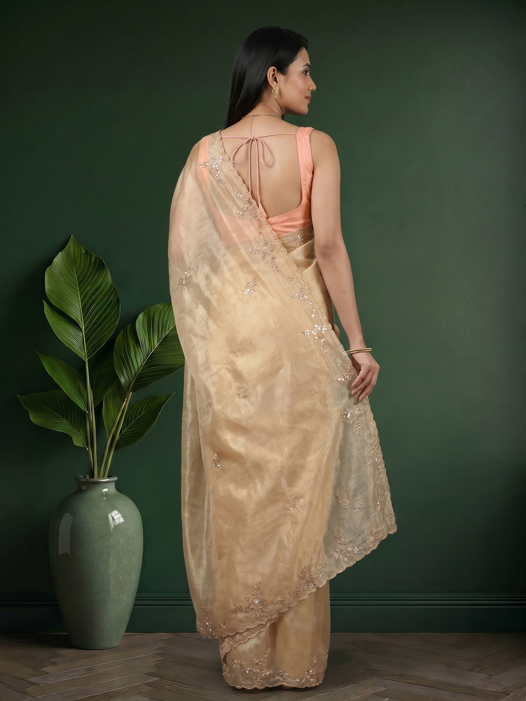 Golden Beige Embroidered Tissue Saree