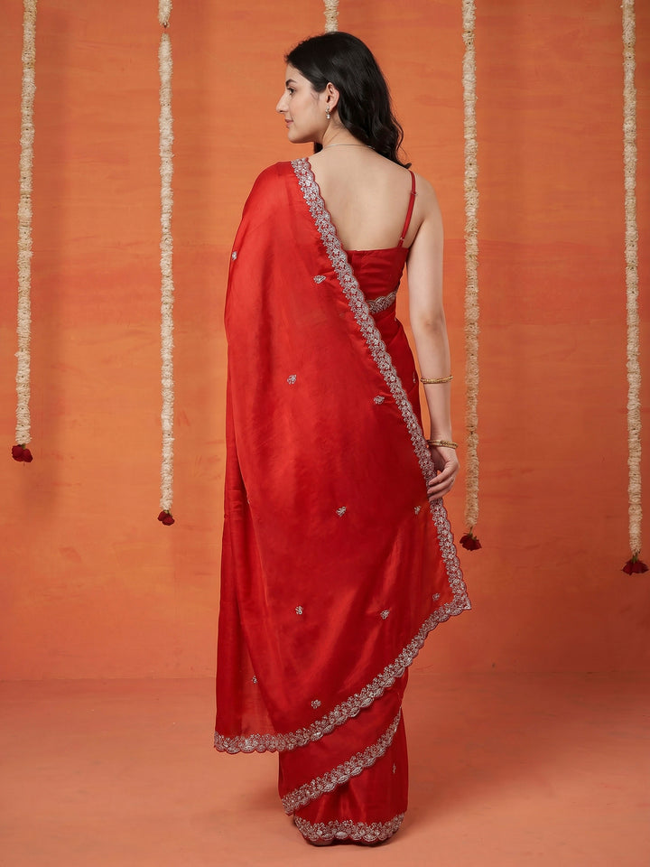 Red Embroidered Chinon Saree