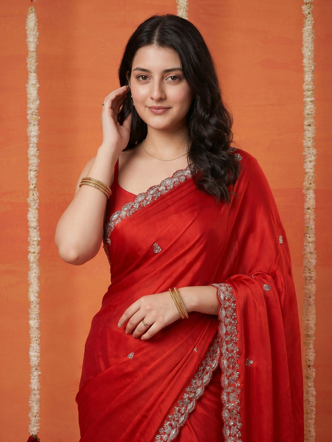 Red Embroidered Chinon Saree