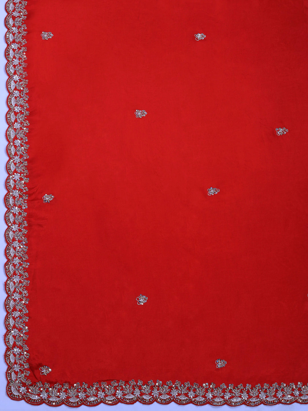 Red Embroidered Chinon Saree