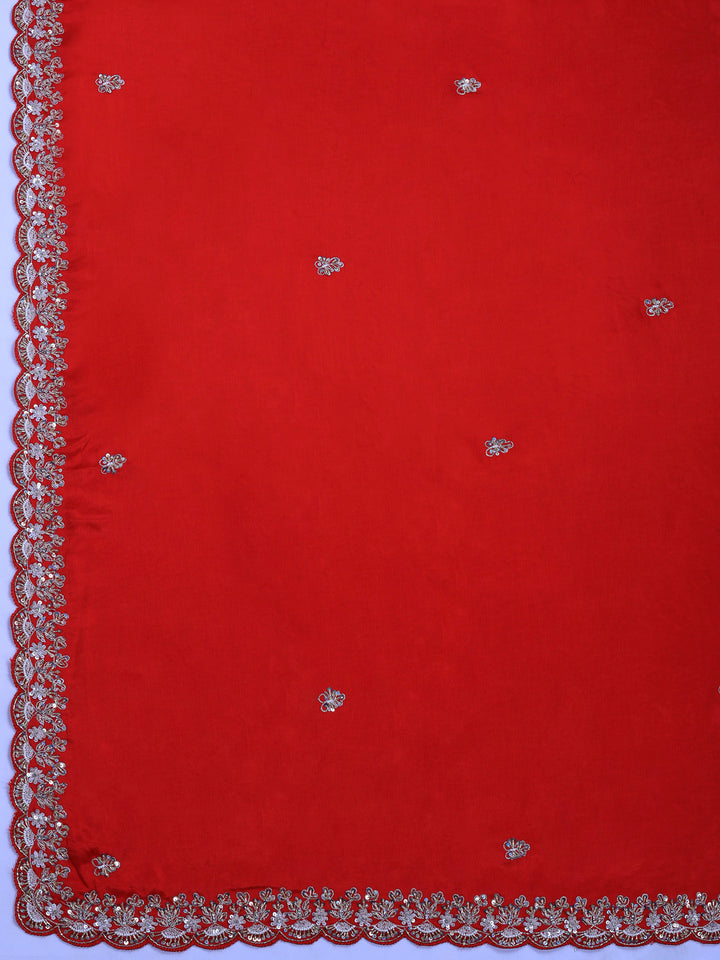 Red Embroidered Chinon Saree