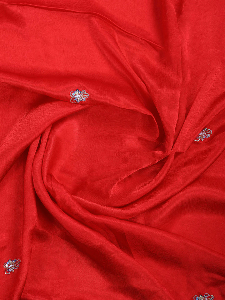 Red Embroidered Chinon Saree