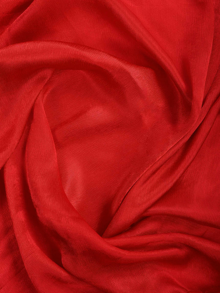 Red Embroidered Chinon Saree