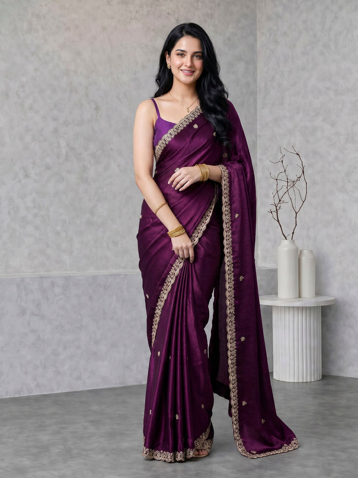 Wine Embroidered Chinon Saree