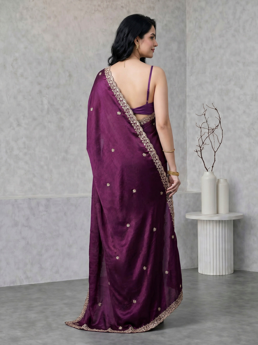 Wine Embroidered Chinon Saree