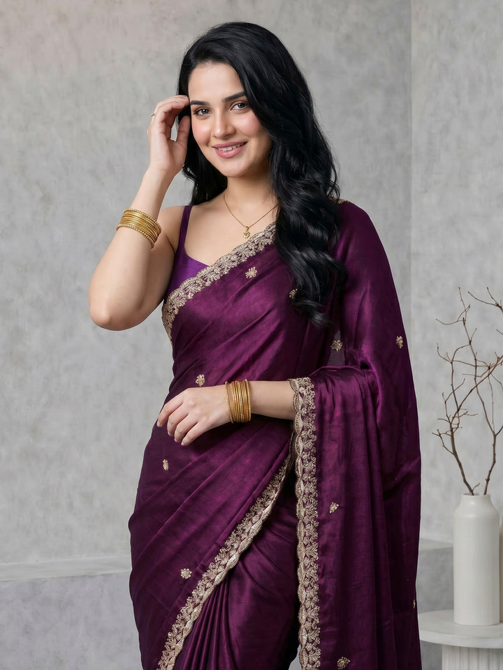 Wine Embroidered Chinon Saree
