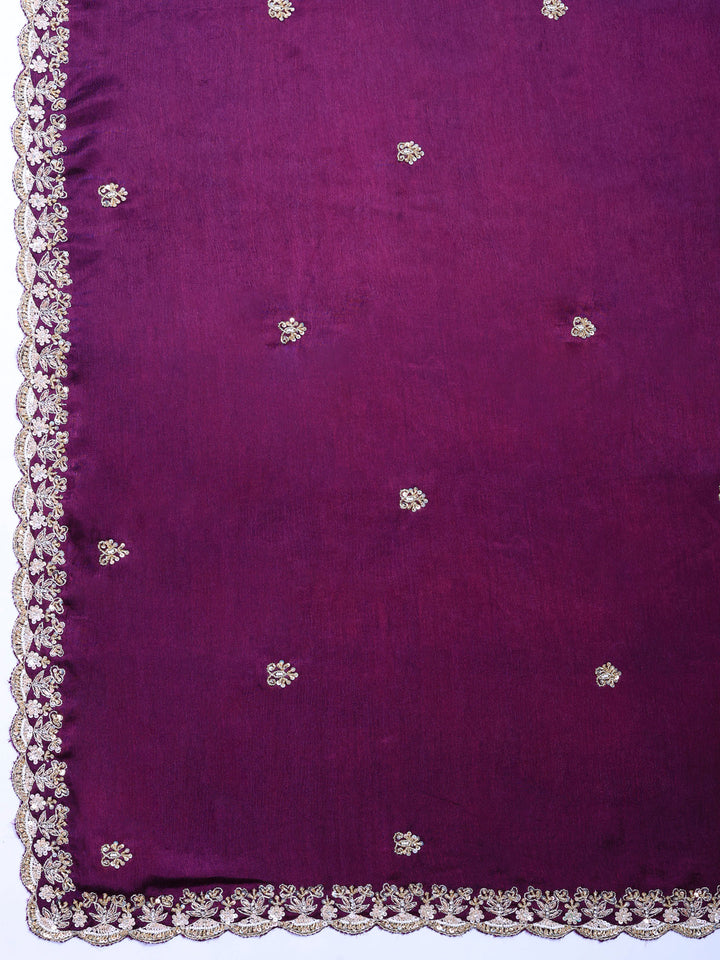 Wine Embroidered Chinon Saree