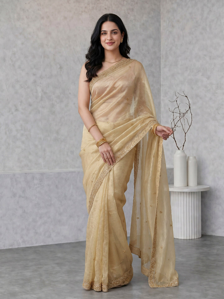 Beige Embroidered Tissue Saree