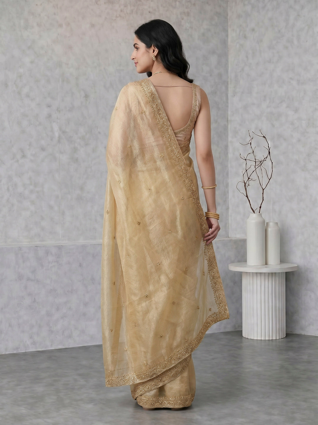 Beige Embroidered Tissue Saree