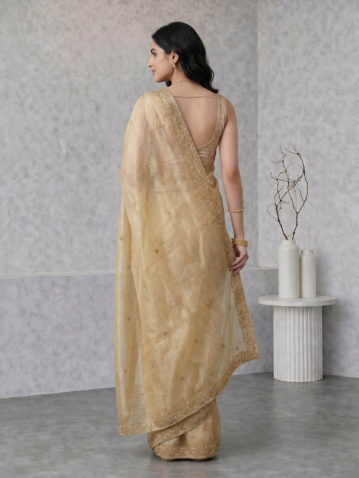 Beige Embroidered Tissue Saree