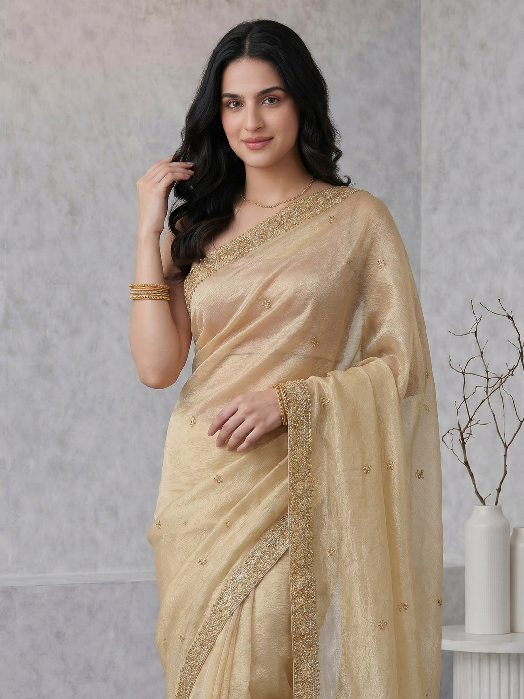 Beige Embroidered Tissue Saree