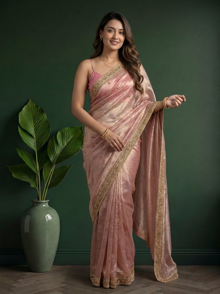 Onion Pink Embroidered Tissue Saree