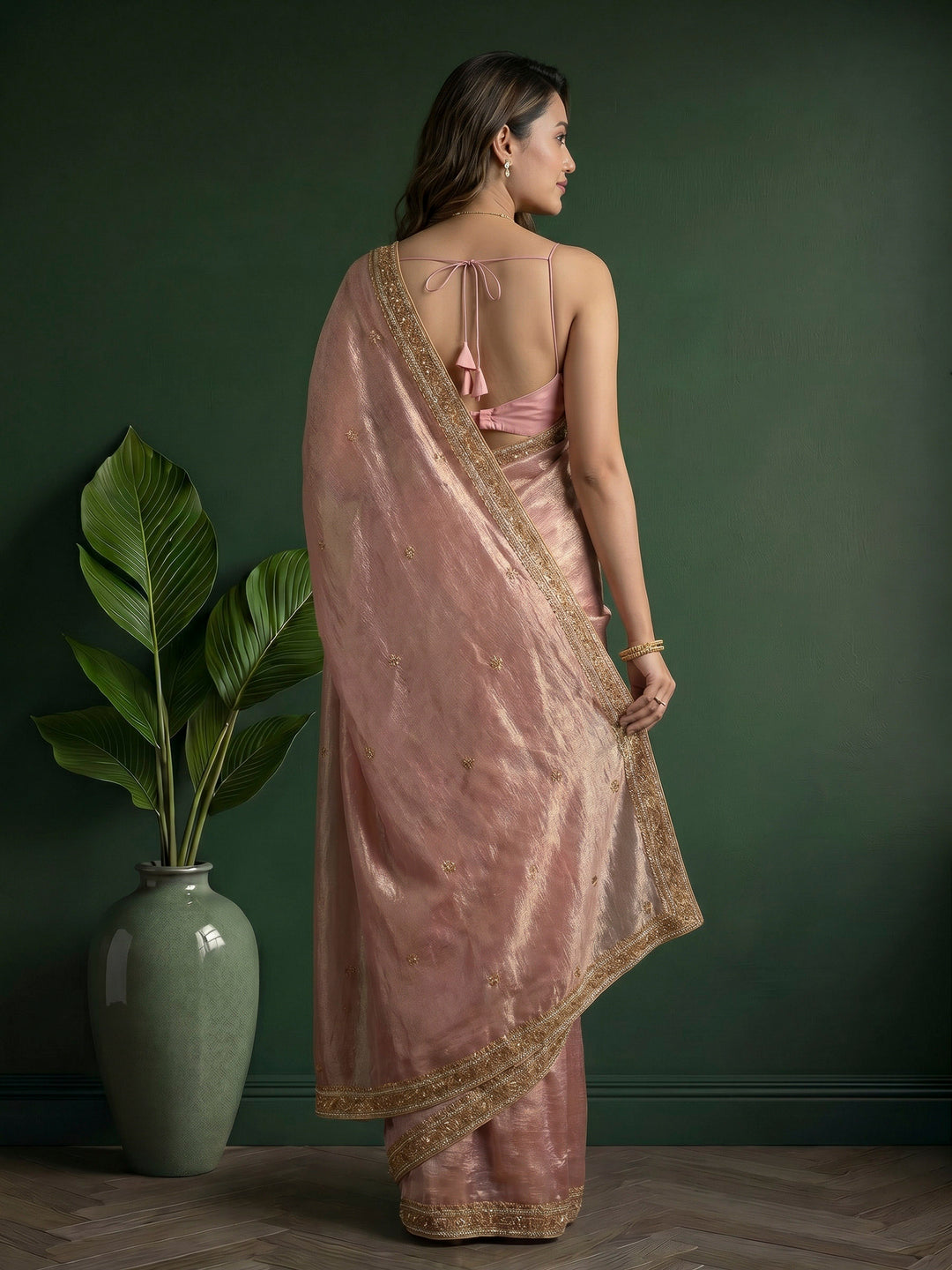 Onion Pink Embroidered Tissue Saree