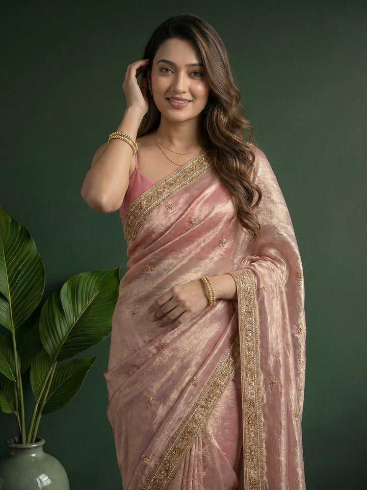 Onion Pink Embroidered Tissue Saree