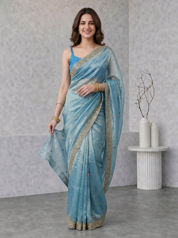 Sea Green Embroidered Tissue Saree