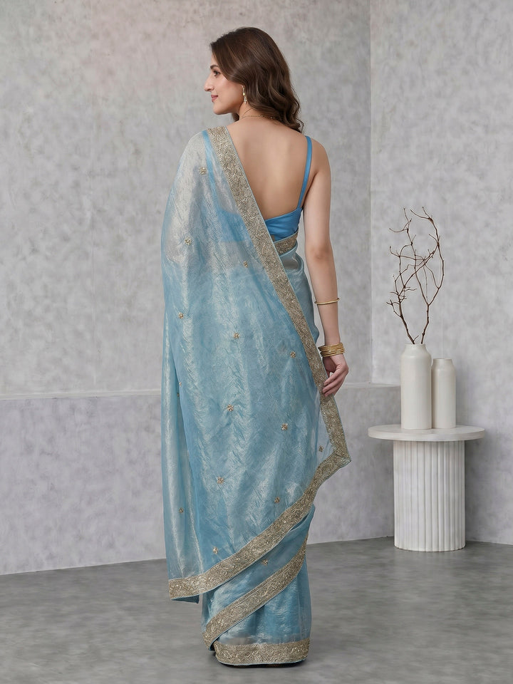 Sea Green Embroidered Tissue Saree