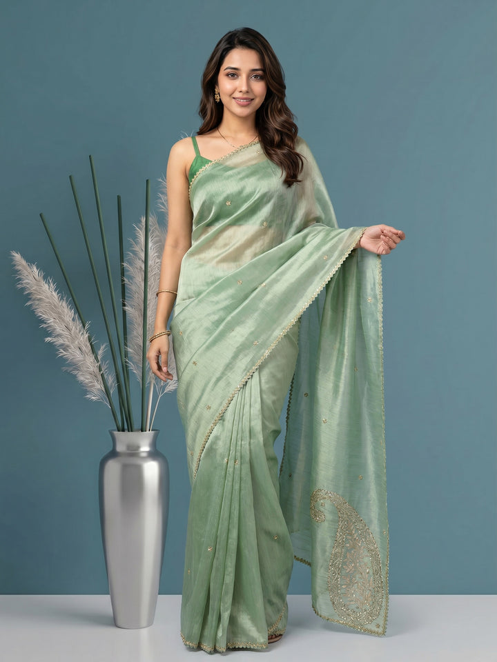 Sea Green Embroidered Tissue Saree