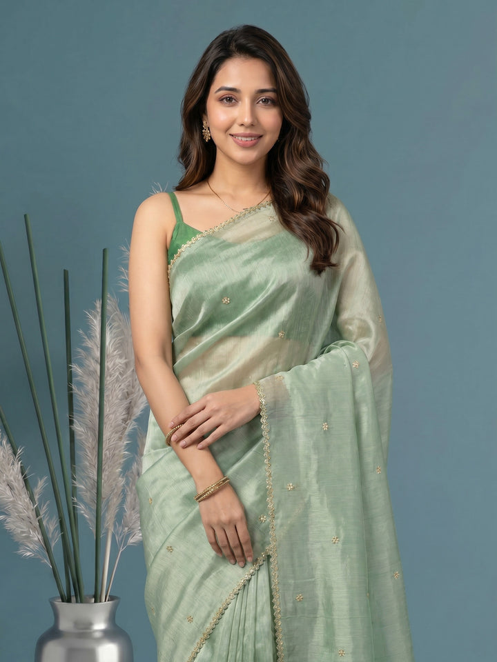 Sea Green Embroidered Tissue Saree