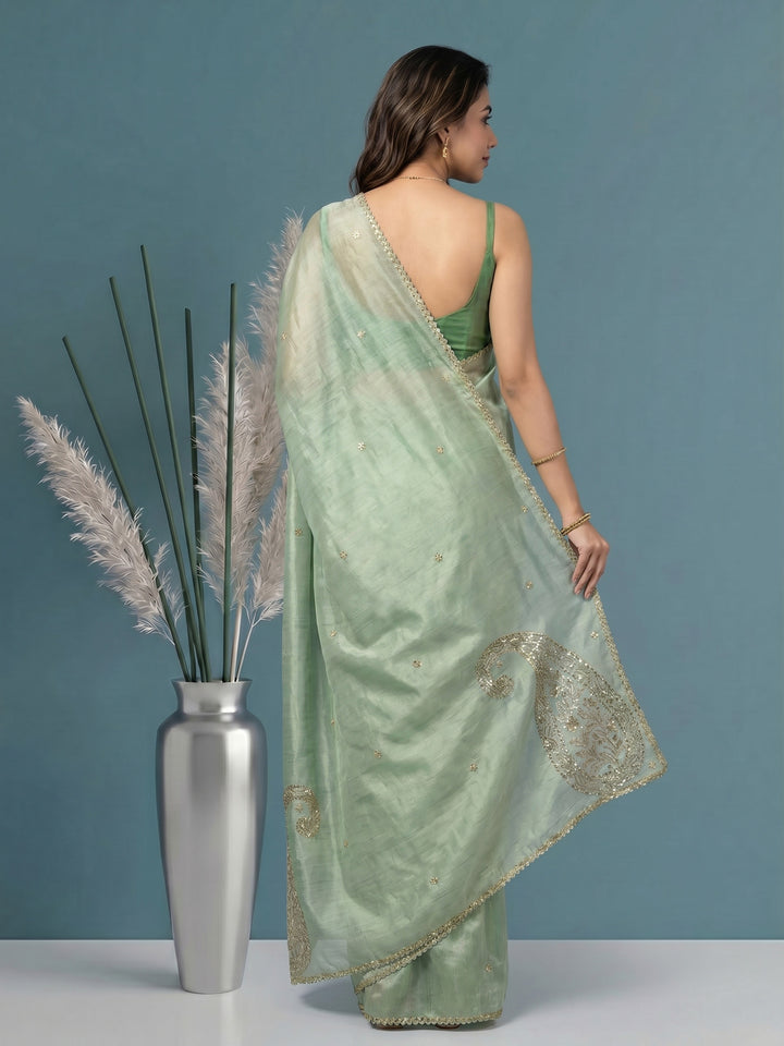 Sea Green Embroidered Tissue Saree